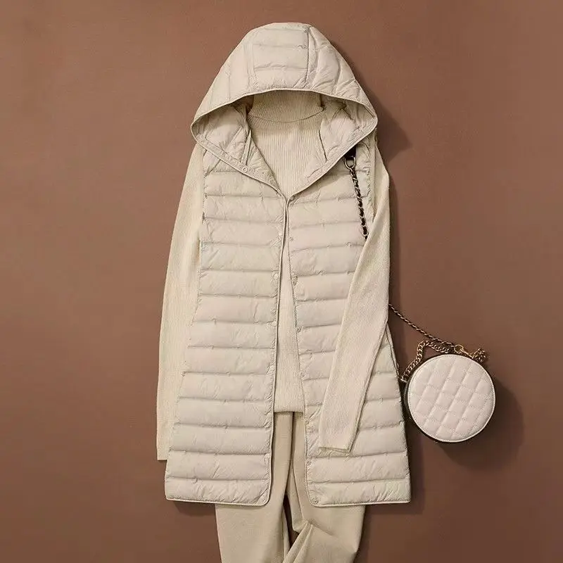 Chaleco de plumón de pato blanco para mujer, Chaqueta larga con capucha delgada, parka básica informal, ultraligera, 90%