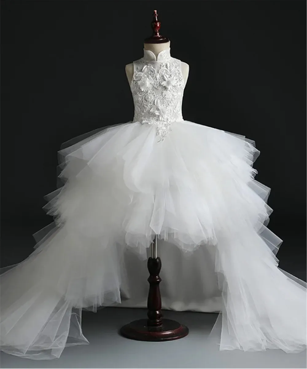 

Long Trailing White Lace First Communion Dress Flower Ball Gown Girls Pageant Gown Flower Girl Dress for Weddings