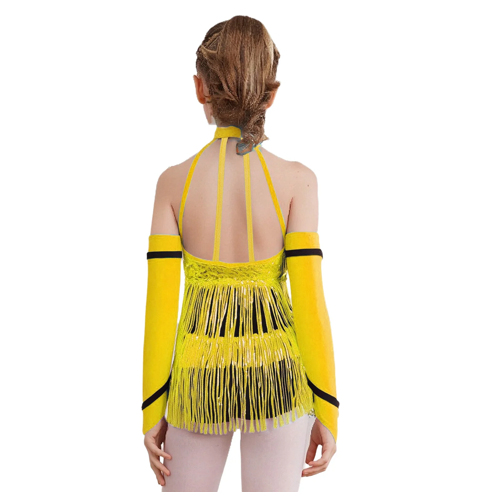 Children Girl Halter Shiny Sequins Latin Jazz Dance Tassel Leotard with Gloves Cha-cha Tango Samba Rumba Ballroom Bodysuit Dress