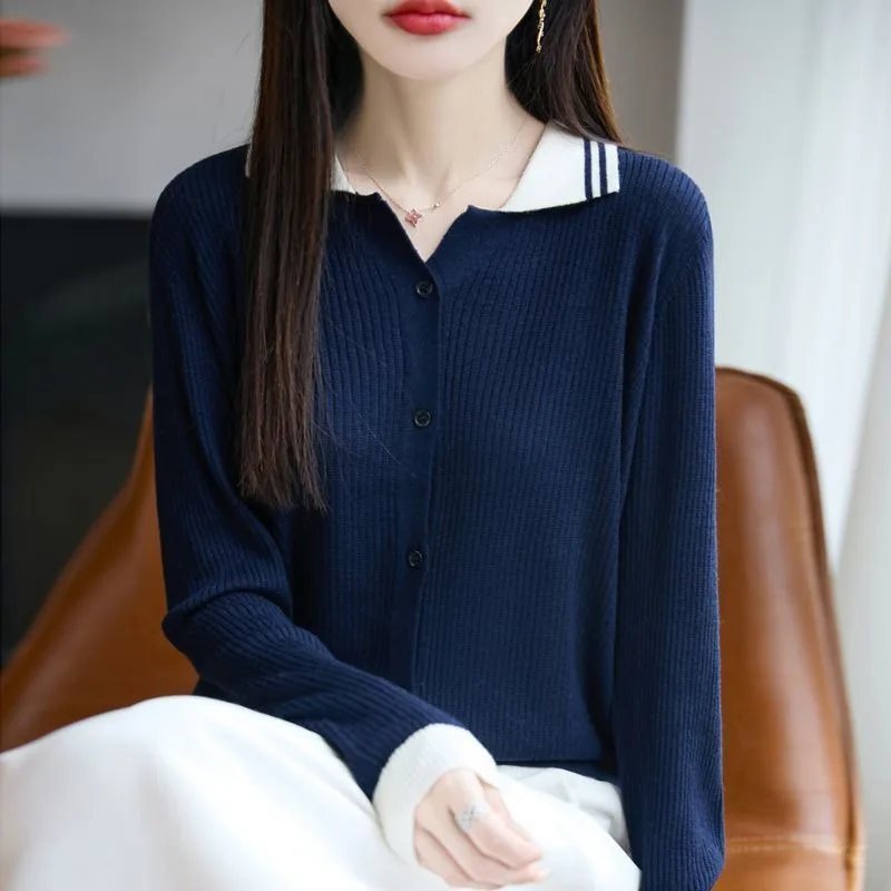 

Women's New Patchwork Knitted Cardigan Polo Collar Button Fashion Solid Color Bottoming Long-sleeved Jacket Top