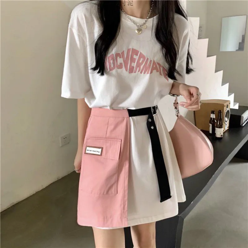 Women Dress Sets Korean Fashion Short Sleeve T-shirts+Patchwork Mini Skirts 2 Piece Suits Loose 2024 Summer Ladies Chic Outfits