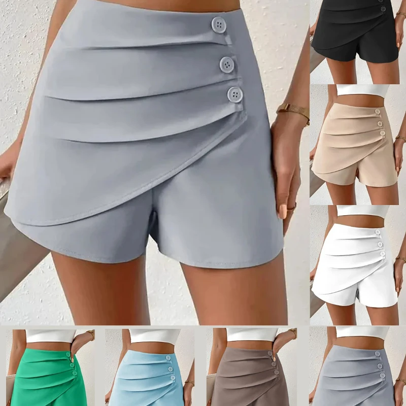 Short Shorts Women Shorts Skirt Pants A Line Slim Fit Streetwear Hip Wrap Button High Waist Elegant Splice Y2k Work