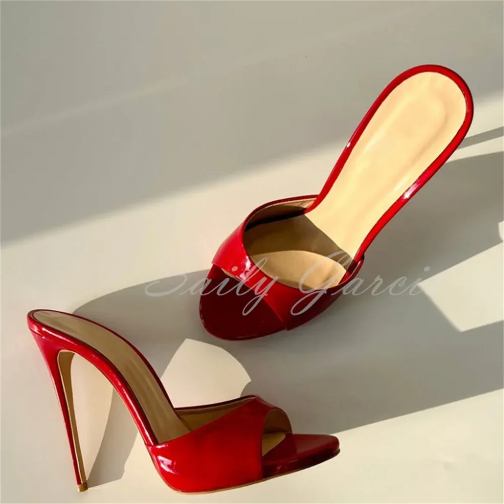 

Красные лакированные кожаные туфли-лодочки на высоком каблуке, женские однотонные сексуальные роскошные вечерние модельные тапочки с острым носком на шпильке с открытой пяткой