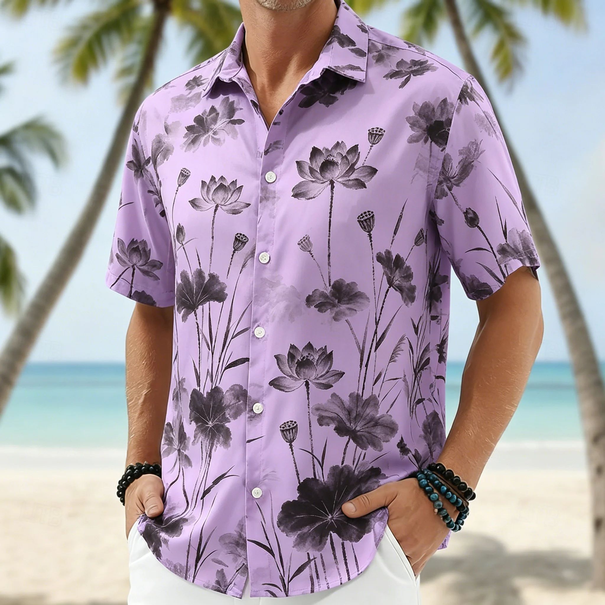 

Men's Short Sleeve Button Shirt,Chinese Ink Wash Lotus Floral Print, for Spring Summer Beach Daily Vacation Outfits