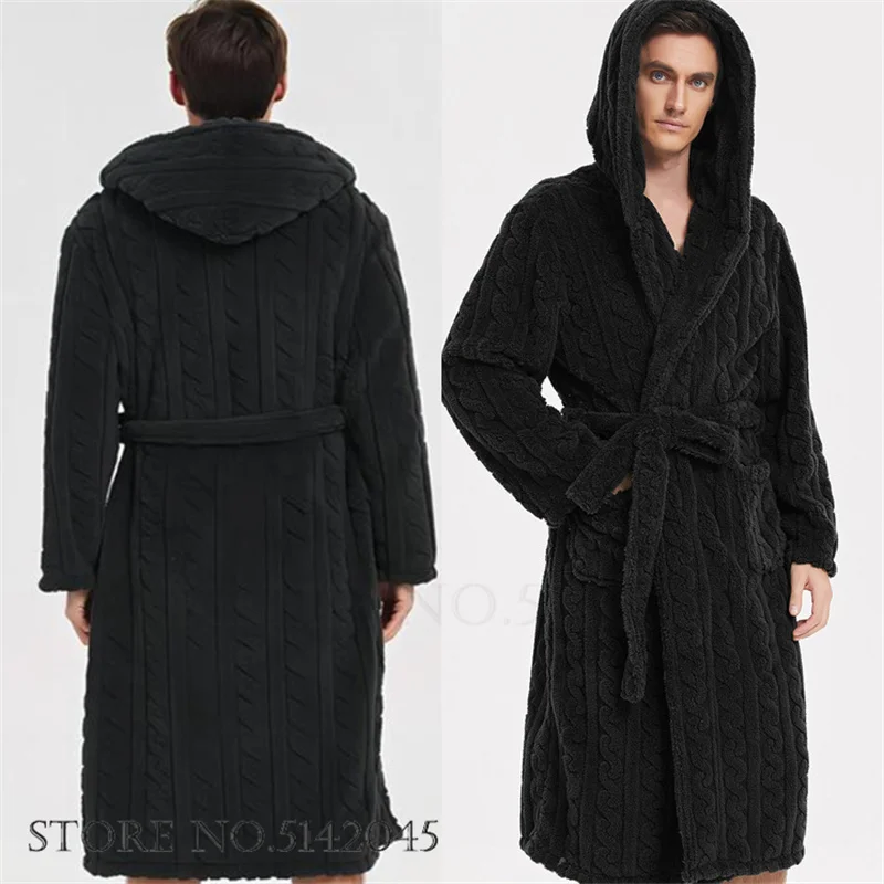 Thicken Jacquard Flannel Men Robe Winter Warm Sleepwear Lounge Wear Plush Coral Fleece Hooded Bathrobe Gown Home Wear Nightwear