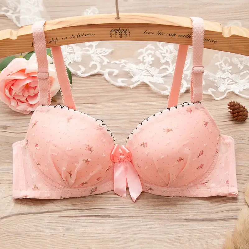 Puberty Women A B Cup Floral Print Underwire Bra Sweet Student Lace Bow Push Up Adjustable Small Bras Cotton Sexy Thin Underwear
