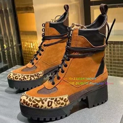 Mixed Color Lace-Up Women Short Boot Round Toe Leather Thick Sole Platform Color Blocking Mesh High Top Warm Boots For Winter