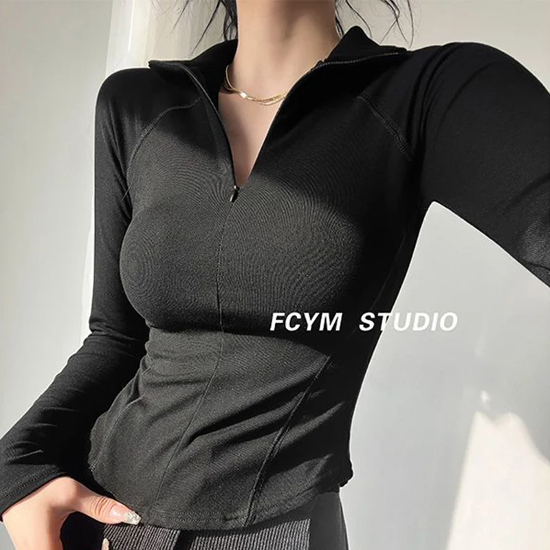 

Half Zipper Yoga Sports Tops Women Sexy Slim Solid Elegant Basic Pullover Fall Long Sleeve Running Tennis Golf Fitness Jacket