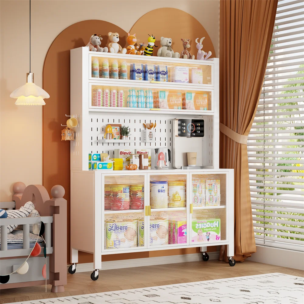 Multi-functional Metal Steel Kitchen Storage Cabinet With Glass Doors And Pegboard Shelves - Image 2