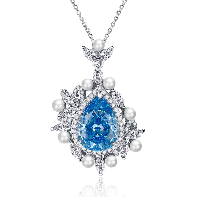 

2024 New 925 Silver Pear 11 * 15 Sea Blue Treasure High Carbon Diamond Water Drop Pendant Women's Versatile Necklace