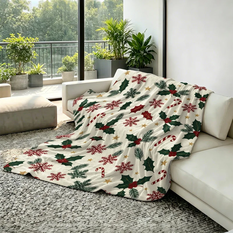 Polyester Christmas Cooling Blanket,Ultra-Soft,Durable,Breathable,Red snowflakes,green holly leaves red berries candy Print