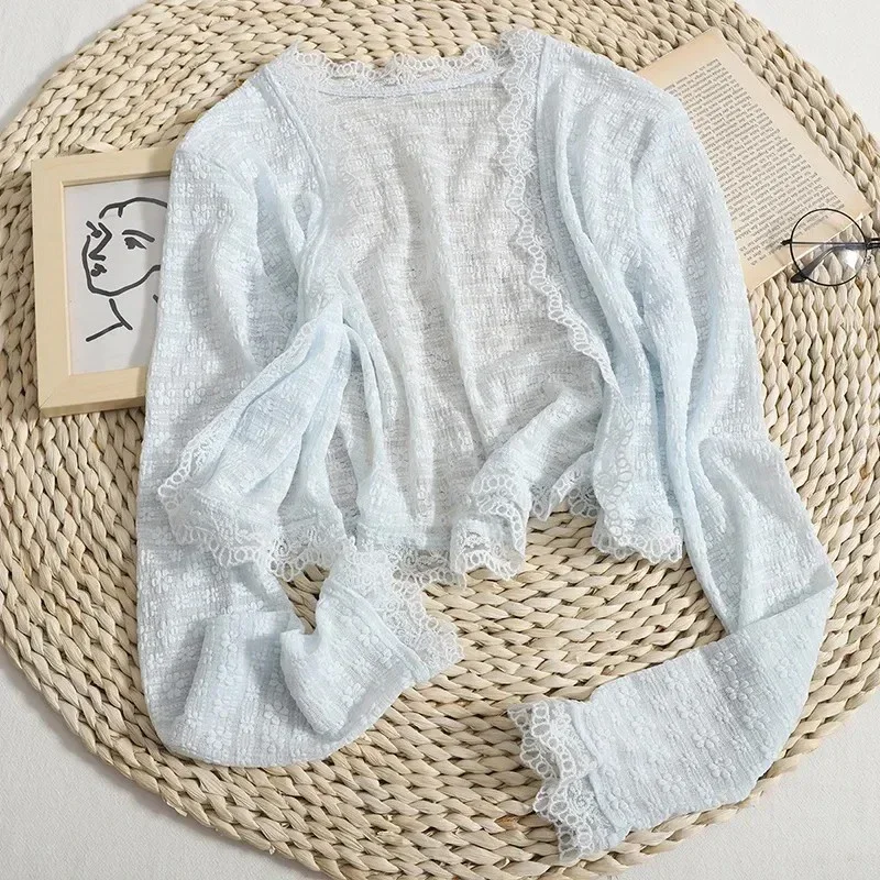 Bijgesneden roze kanten shirts damesmode pure witte blouses met lange mouwen zomer Koreaanse casual all-match tops