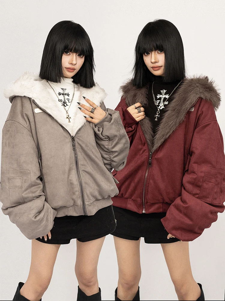 

OCTTFLAB American Retro Hooded Double-Sided Thiened Warm Loose Cotton Jaet Women's Winter Coat with Fur Collar