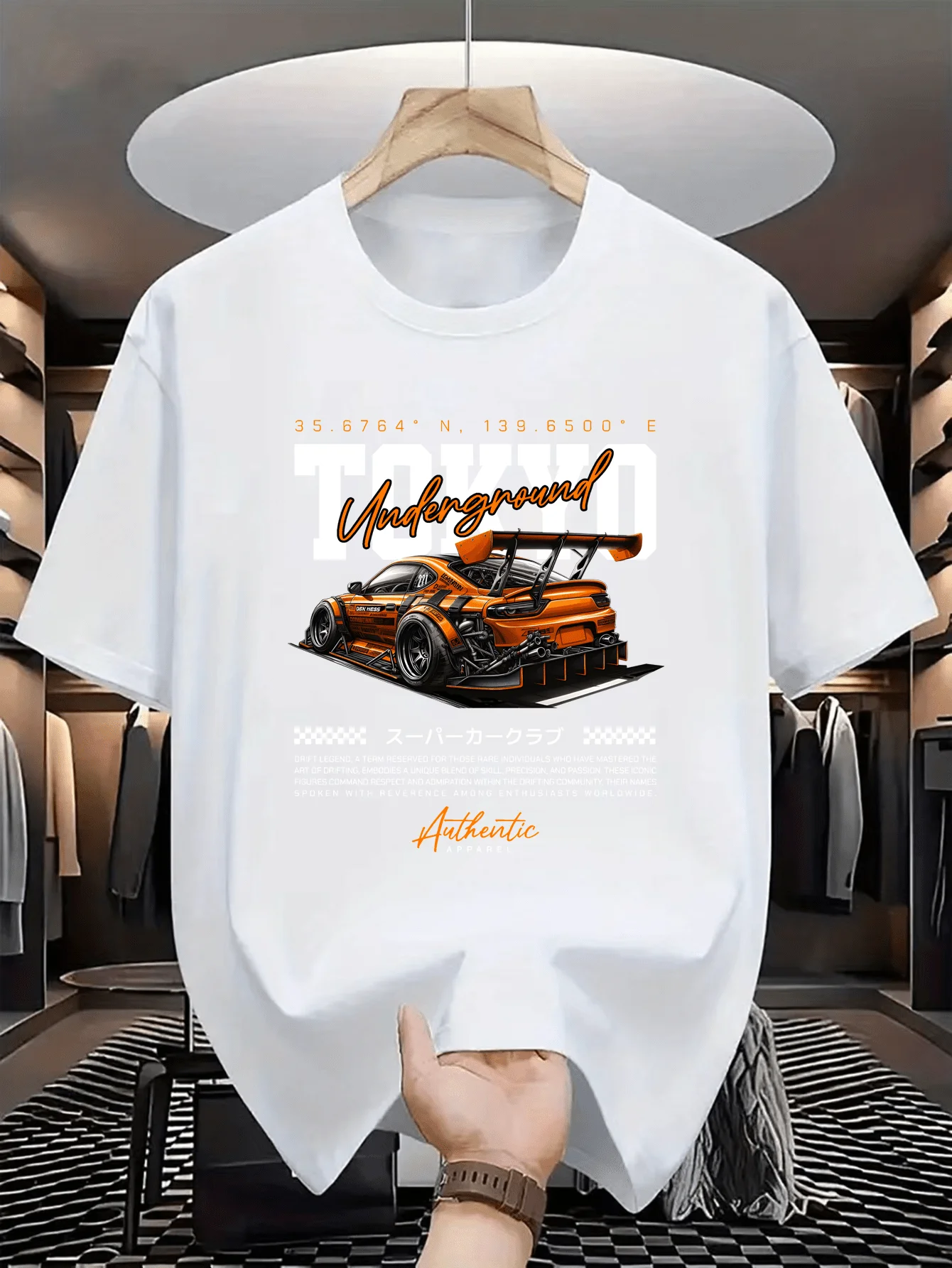Herren-Kurzarm-T-Shirt mit Aufdruck zum Thema Auto-Tuning-Club, mit japanischen Slogans für einen Supercar-Club, entworfen mit