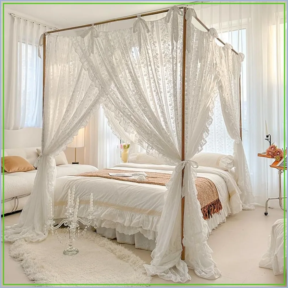 Lace Princess Mosquito Net Bed Canopy, 4 Corner, White, California King