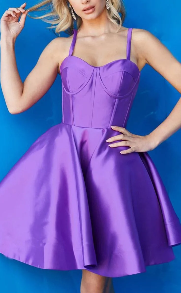 Purple Satin Prom Dresses Spaghetti Straps A Line Short Mini Sweetheart Formal Party Evening Gowns Formal Party Women Graduation