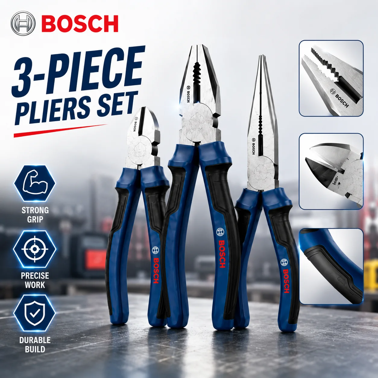 BOSCH 3Pcs Pliers Set Combination Diagonal Cutting Long Nose Pliers Chrome Vanadium Steel Hand Tools for Electrical Repair DIY