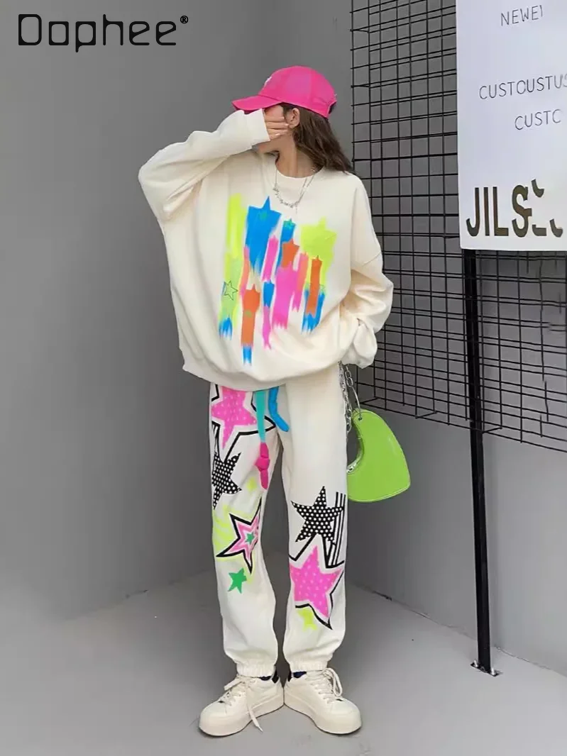 

Oversized Casual Sports Suit Fashion Loose Mid-Length Crew Neck Pullover Sweatshirt and Sweatpants Two-Piece Set Women Outfits