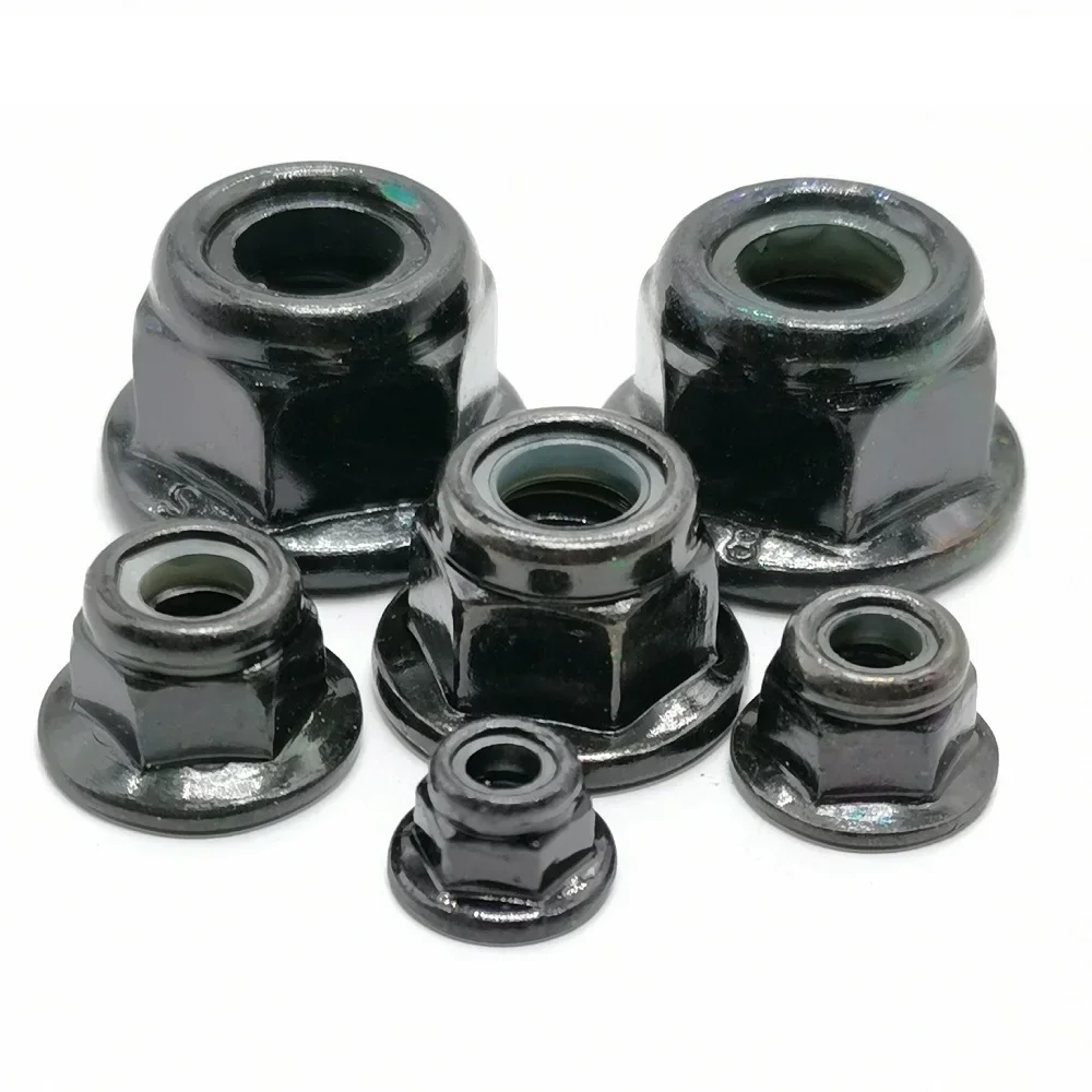10/5pcs M3 M4 M5 M6 M8 Black Carbon Steel Hex Flange Nylon Insert Lock Nut Self-locking Nylock Locknut
