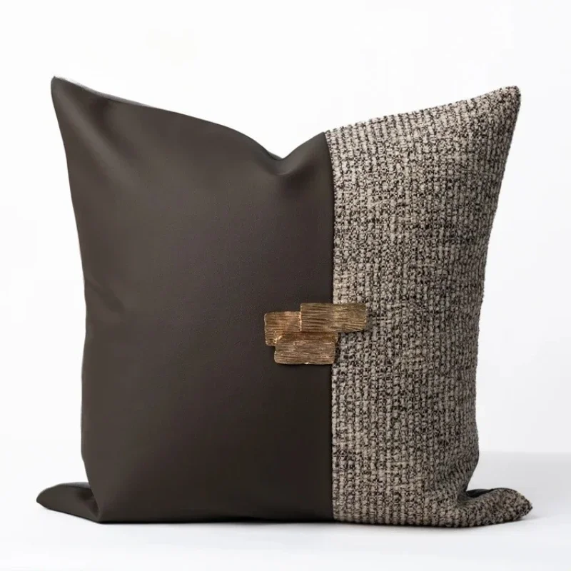 

Simple Modern Hotel Decorative Pillow Geometric Brown Leather Decorative Light Brown Linen Metal Accent Model House Sofa Cushion