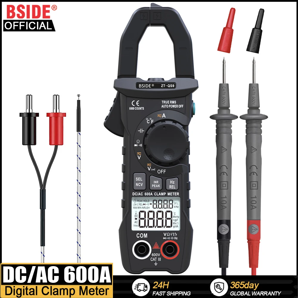 BSIDE cyfrowy miernik cęgowy DC AC 600A bieżący amperomierz True RMS szczypce Smart Auto zadzwonił do 6000 multimetru napięcia Hz Ohm NCV Tester