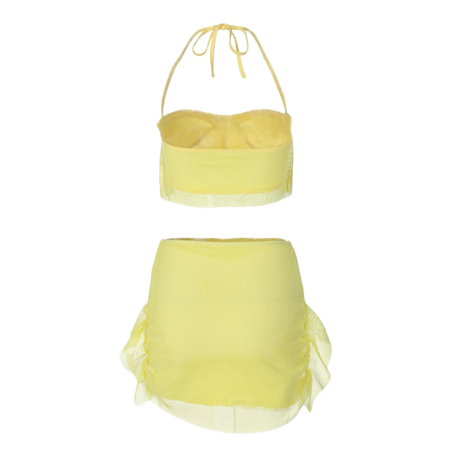 Yellow 2Pieces Top Skirt Sets Summer Beach Vacation Streetwear Outfit Women's Tie-up Halterneck Backless Vest+Mini Skirt