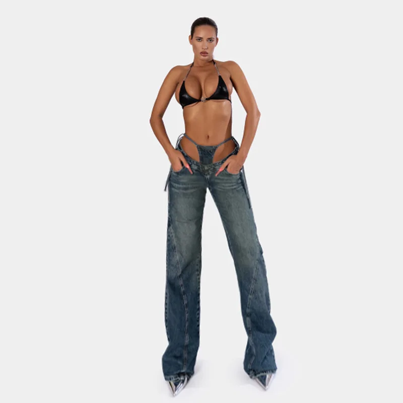 

Women's sexy V-shaped lace-up spliced fake two-piece straight-leg jeans, European and American ins split design hot girl jeans