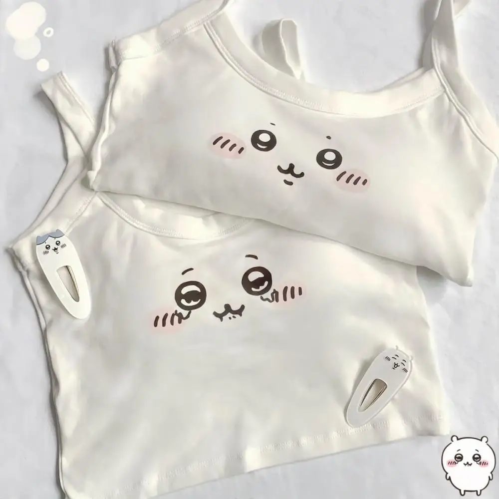 Chiikawa Sleeveless Sling Vest Cartoon Print Crop Tops Cute Girls Sweet Strap Tank Tops with Chest Mat Summer Camis Y2K Clothing