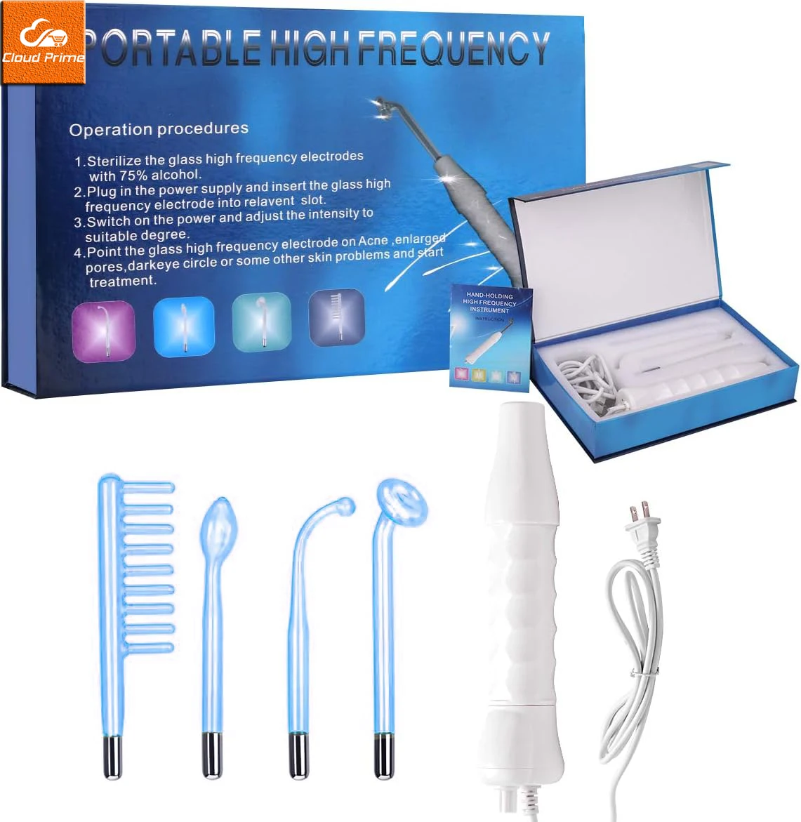 Blue Light High Frequency Facial Glass Wand 4in1 Facial Beauty Skincare Machine with 4 Pcs Blue Tubes for Home Face Lift Device