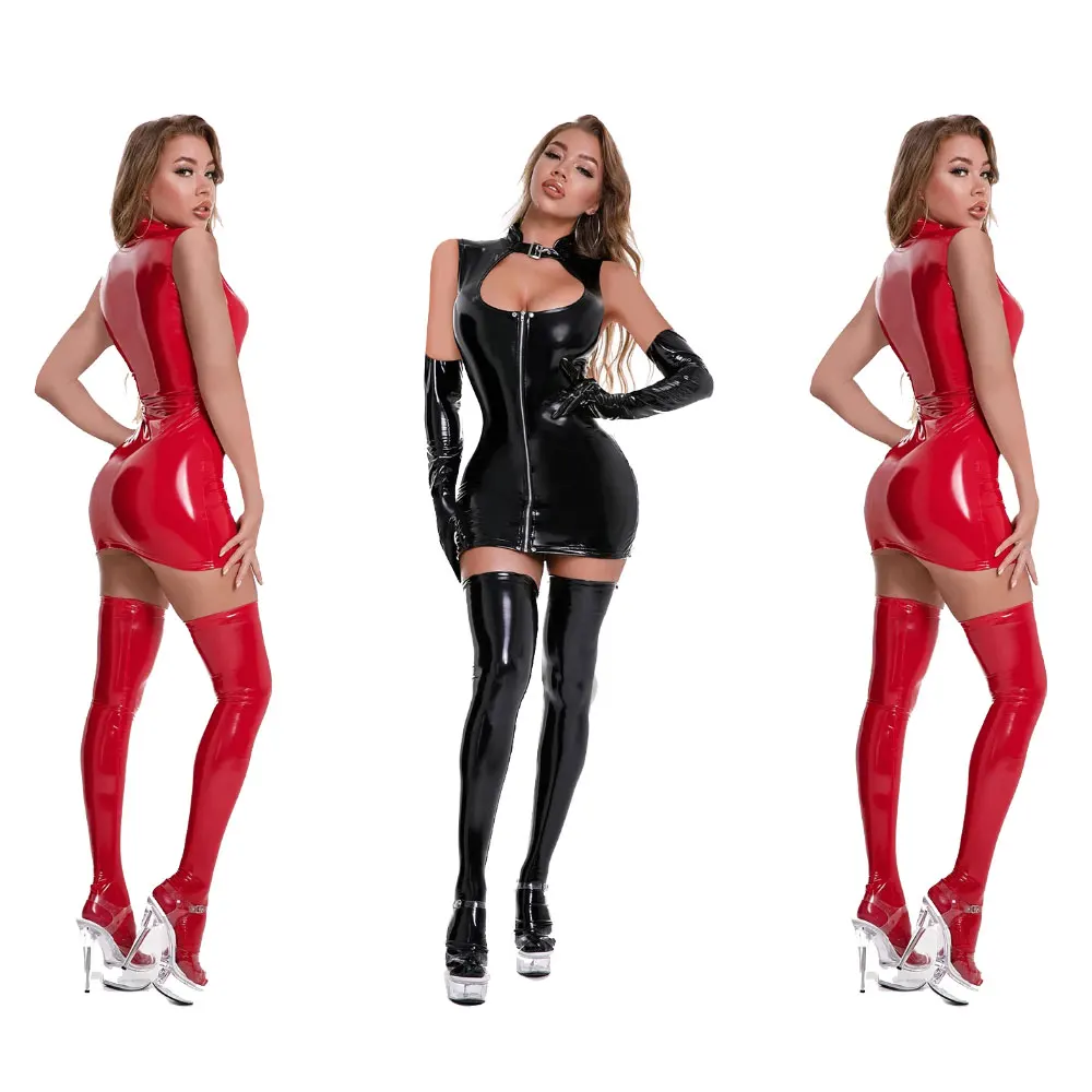 

Sexy Womens Patent Leather Bodycon Mini Dress Cutout Zipper Bodycon Dress Clubwear for Pole Dancing Wet Look Sleeveless Dresses