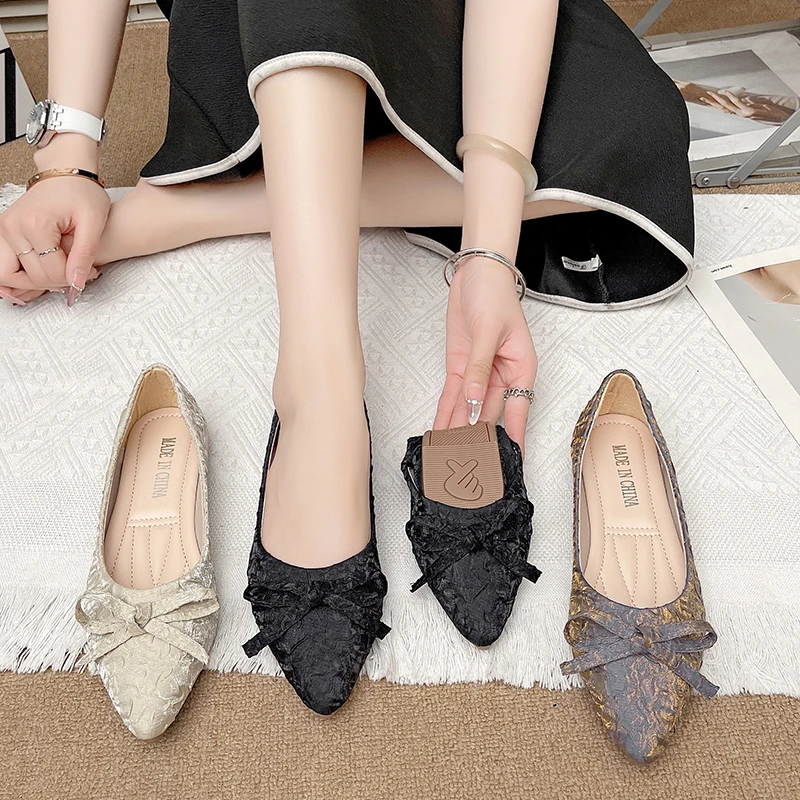 

Лето 2025 г., низкие туфли с острым носком и принтом, женская обувь с мягкой подошвой и плоским бантом, дизайнерская обувь Zapatos De Mujer
