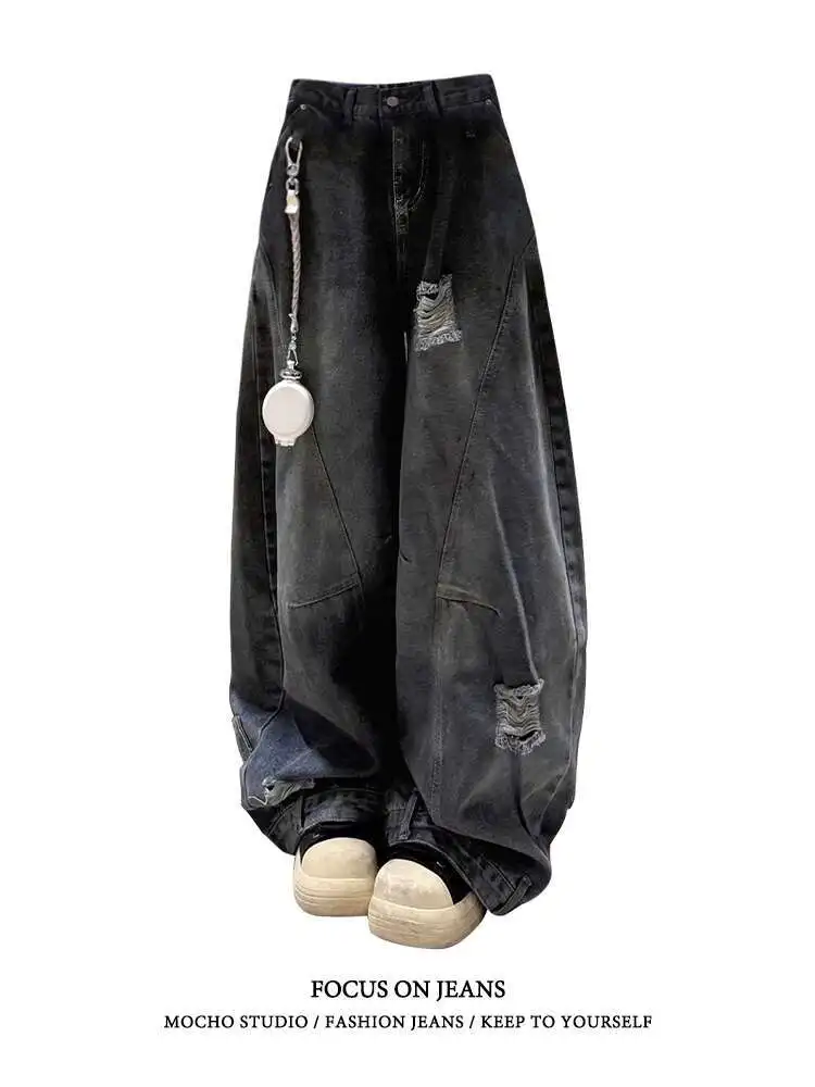 

Hot Girl Ripped Denim Overalls For Women's New Korean Version With Large Size Loose Slimming And Versatile Wide-leg Pants Jeans