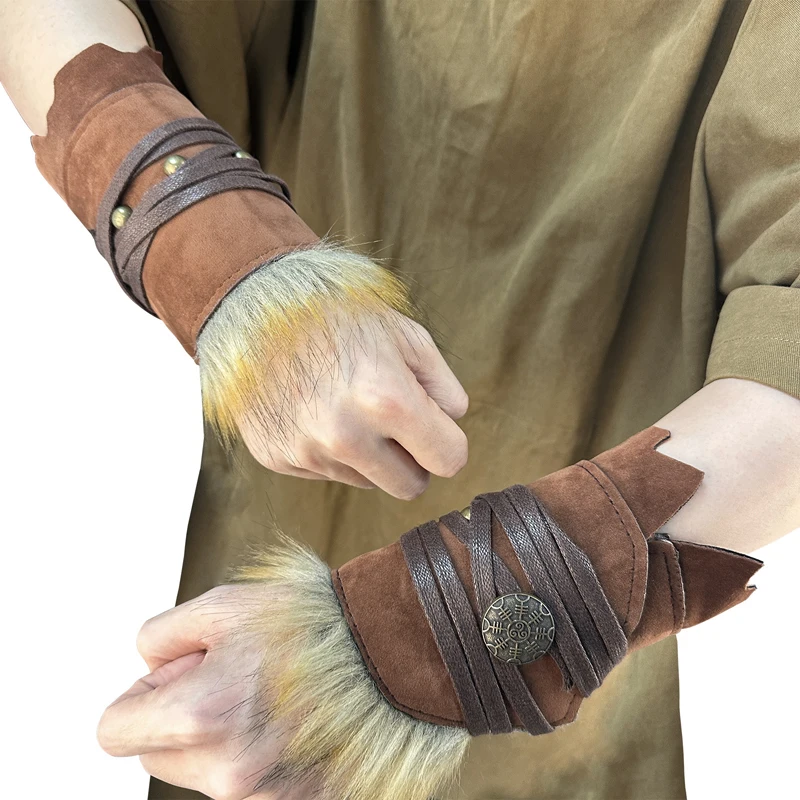 

1pc Medieval Faux Fur Wristband Bracers Wrist Guard PU Leather Retro Cosplay Props Knight Warrior Halloween Costume Bracelet