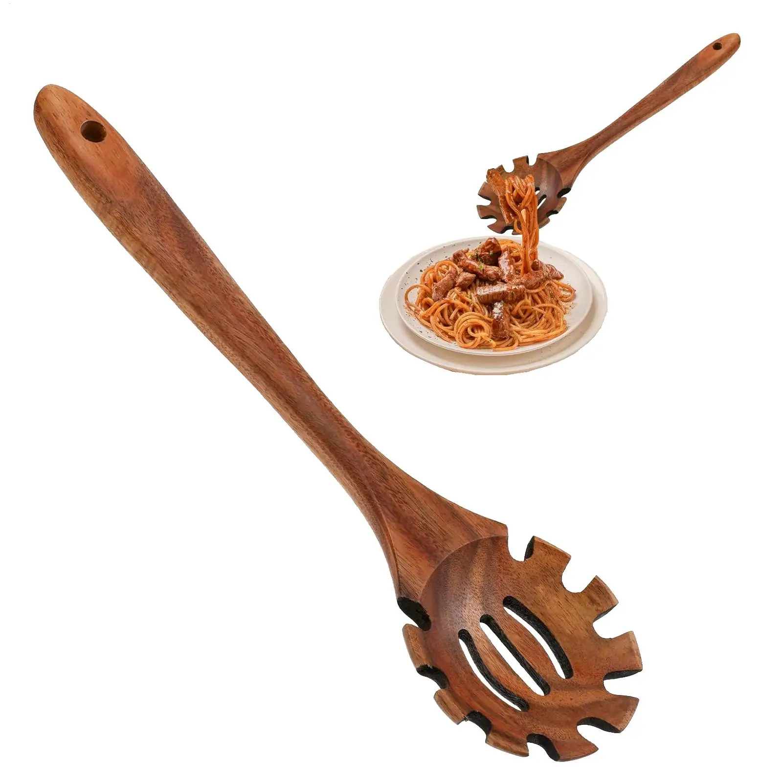 Cucchiaio per Pasta in Legno con Manico Lungo Appendibile, Scolapasta Dentellato Resistente al Calore e Antiscivolo