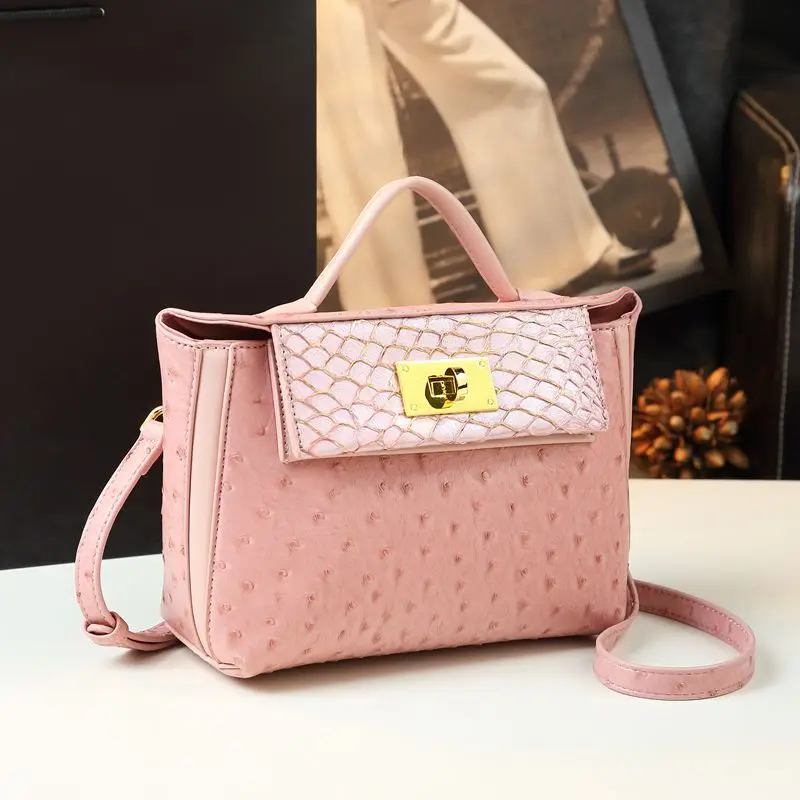 Ostrich-print Leather Women\'s Bag Luxury Fashion Locking Handbags Small Single Shoulder Crossbody Bag Portable Tote Bags 2024