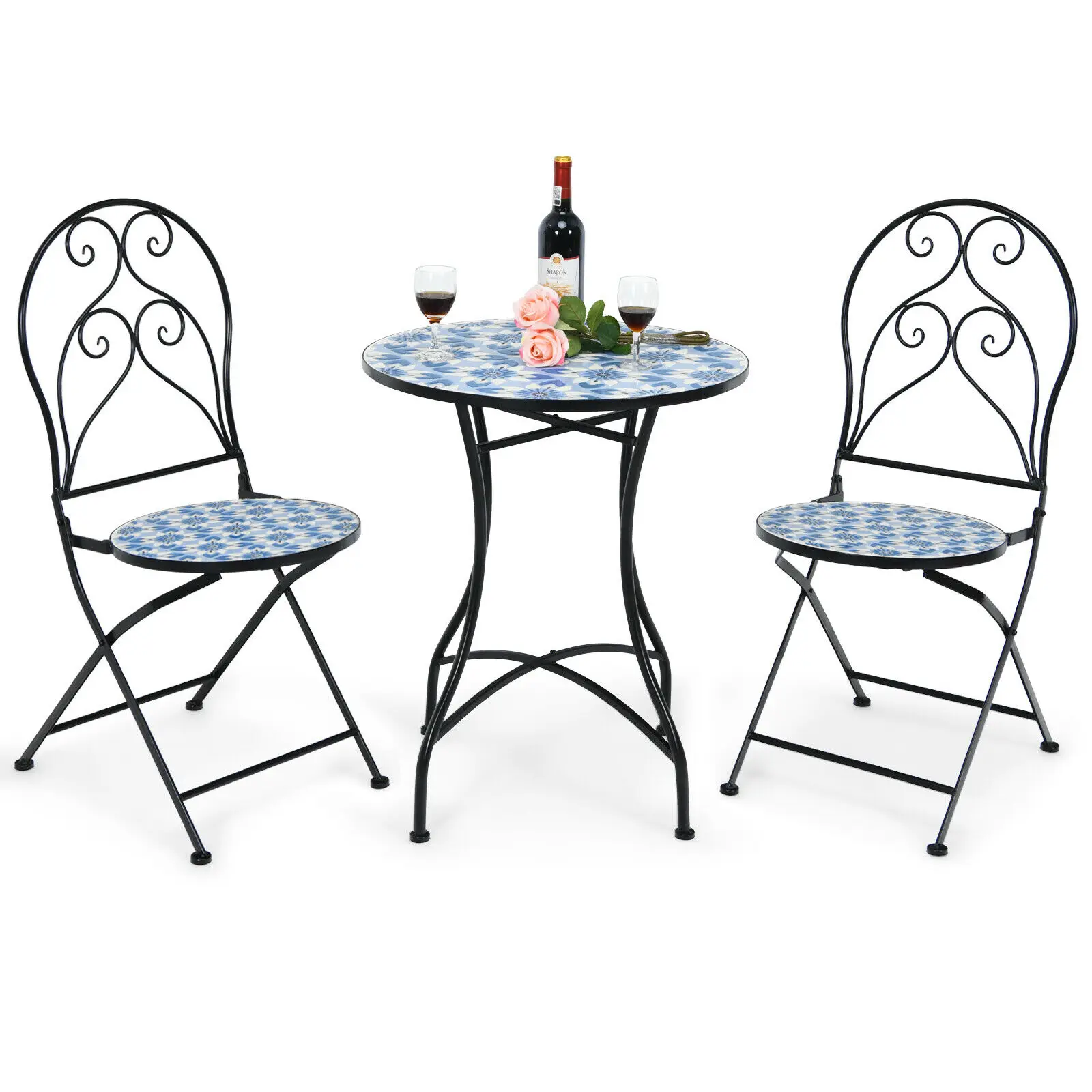 Patiojoy 3PCS Patio Bistro Furniture Set Folding Chair Mosaic Design Garden Blue  NP10208+