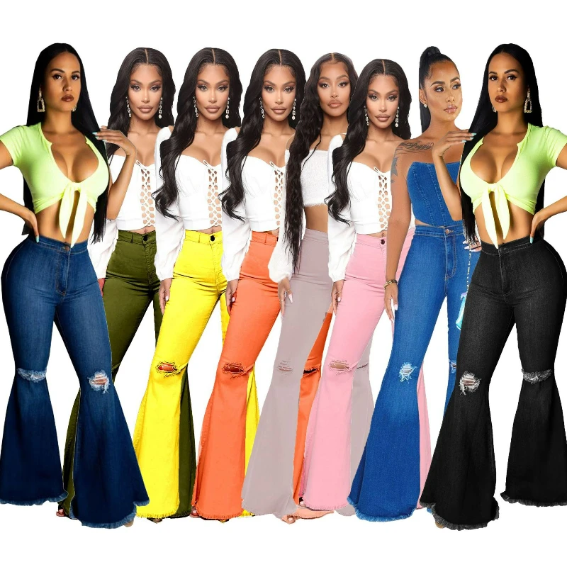 Women High Waist Pants Jeans Vintage Hole Splice Button Zipper Denim Flare Pant Pocket Casual Trousers Solid Spring Summer