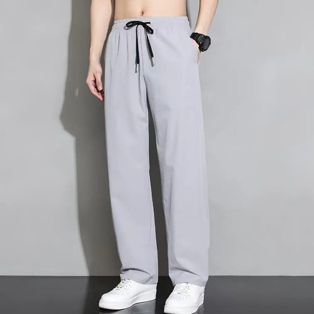 Men Casual Trousers Quick-drying Men's Sport Pants with Side Pockets Drawstring Waist for Gym Training Jogging Ice Silk Fabric