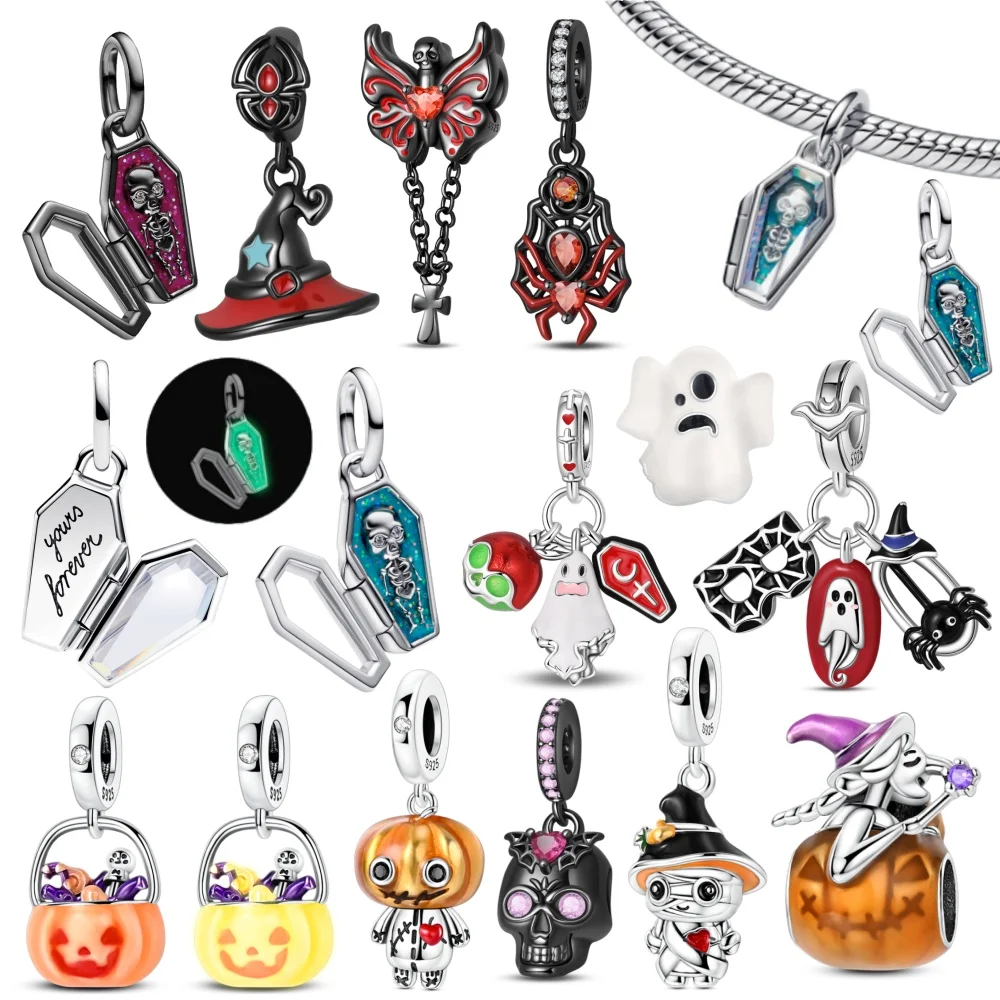 

Хэллоуин вечерние стерлингового серебра 925 пробы светящийся скелет гроб кулон бусины подходят подвески браслет для изготовления ювелирных изделий женские подарки