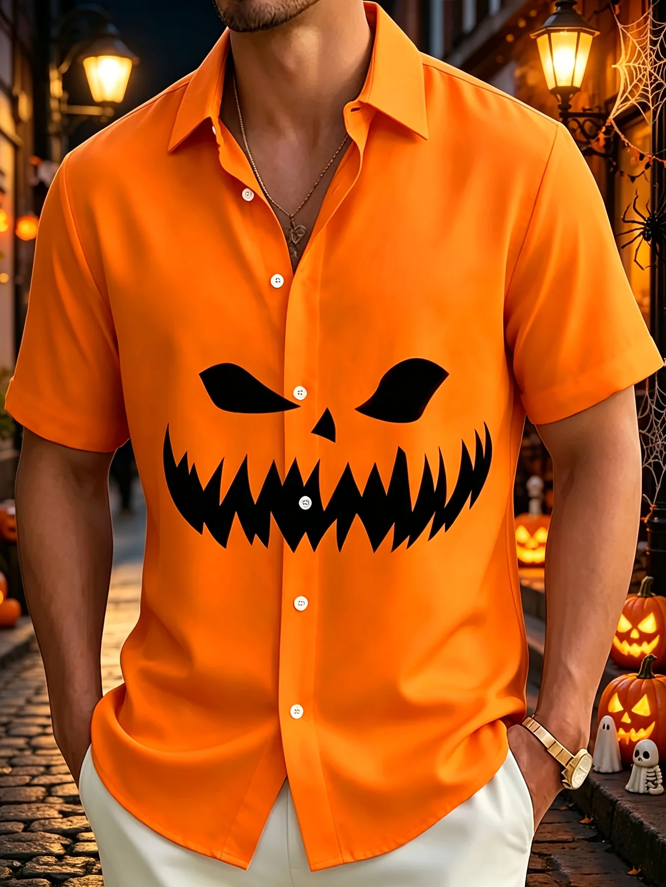 Men Orange Pumpkin Face Devil Smile Print Short Sleeve Shirt Lapel Collar Button‑Up Polyester Halloween Party Blouse