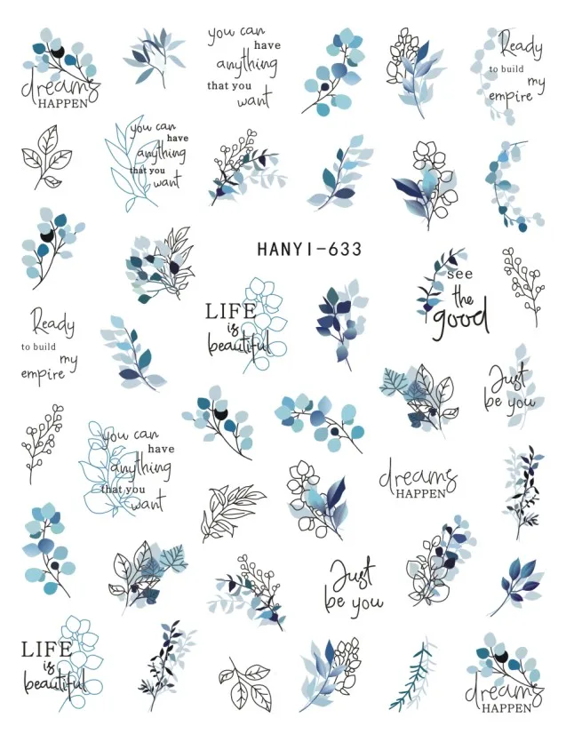 3d Nail Art Stickers Black Drawing Lines Blue Leaves Flowers Letters Adhesive Sliders Decals For Nails Decorations Manicure