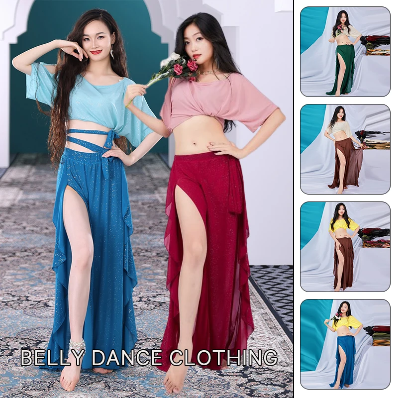 Traje de danza del vientre para mujer, ropa de práctica de tul Sexy Oriental, Top corto profesional de danza del vientre, falda larga dividida de Color sólido