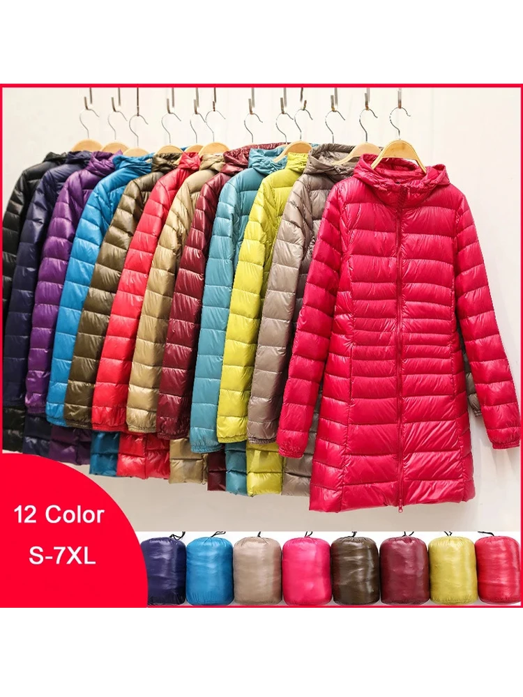 0-10℃ Woman Duck Down Jackets Autumn Winter Ultralight Hooded Women Down Coat Portable Long Parkas Feather Quilted Overcoat 7XL