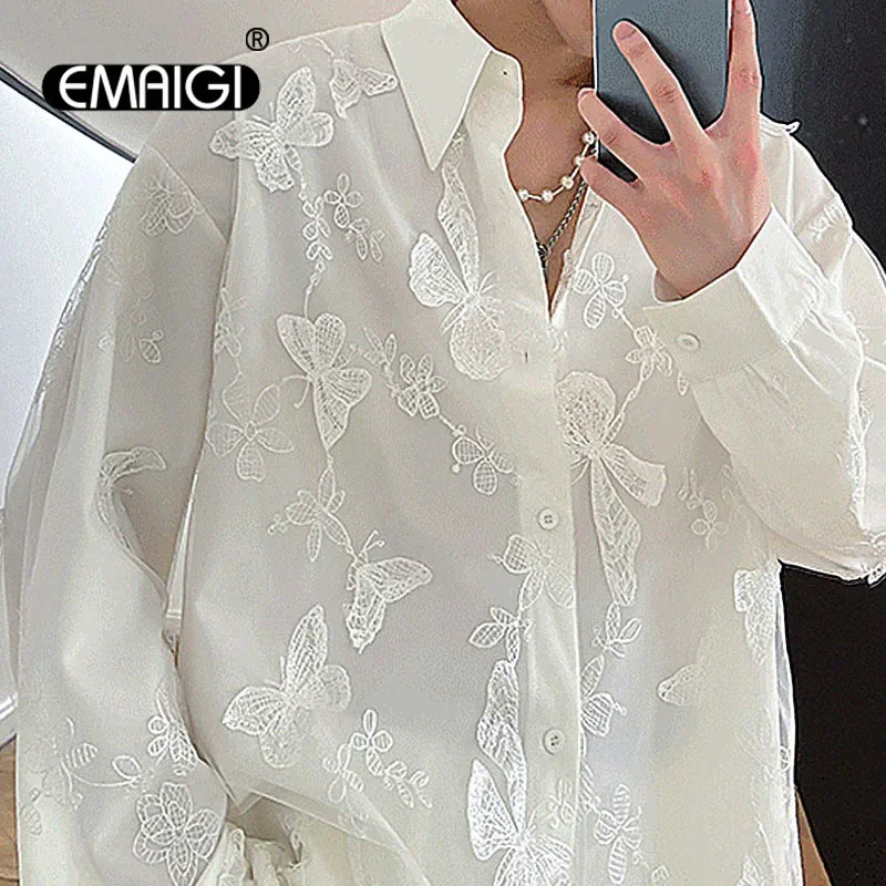 3D Butterfly Mesh Double Layer Shirt Men\'s Long Sleeve Loose Casual Vintage Korean Streetwear Shirt Male Dress Party Shirts Tops