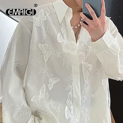 3D Butterfly Mesh Double Layer Shirt Men's Long Sleeve Loose Casual Vintage Korean Streetwear Shirt Male Dress Party Shirts Tops