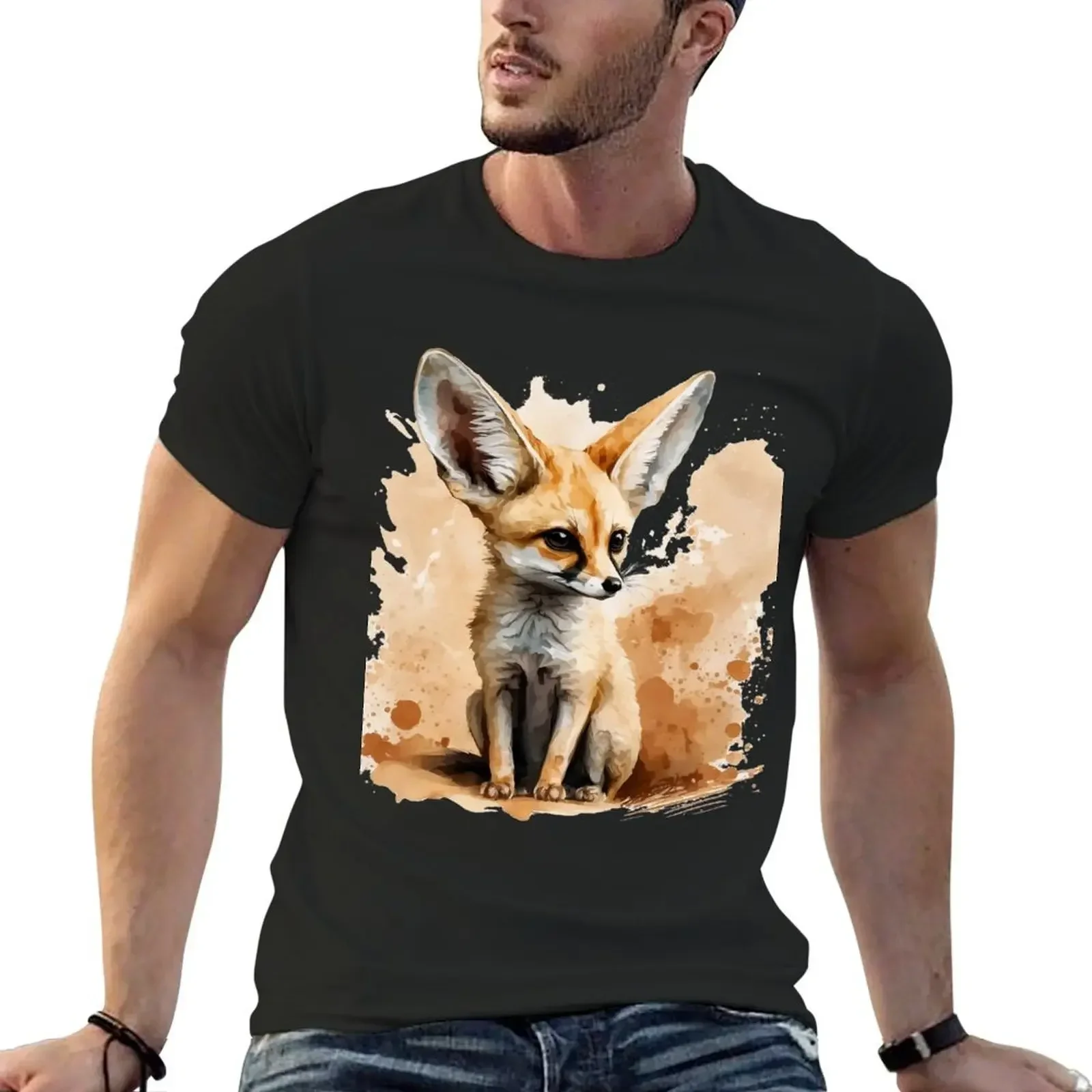 Fennec Fox Portrait - Watercolour Illustration T-Shirt hippie clothes vintage t shirts mens tall t shirts