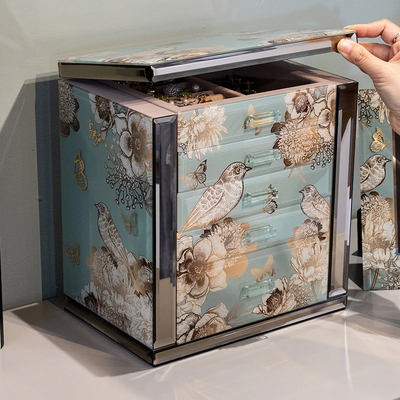 Exquisite Jewelry Organizer Storage Tempered Glass Big Jewelry Collection Box  with Mirror for Rings Earrings Necklaces Watches