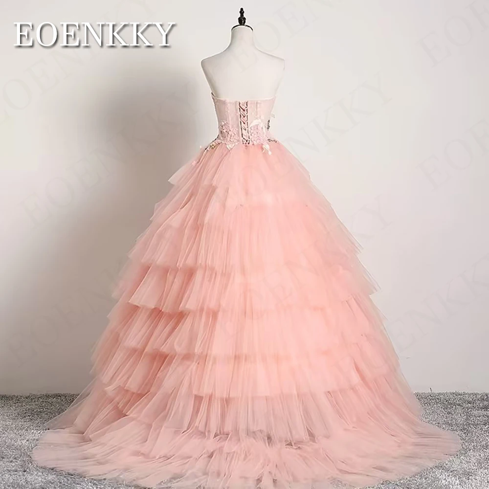 Pink Tiered Dots Tulle Prom Dress Long abito da festa di nozze Strapless Lace Formal Party Gown Applique Sweetheart Floor Length