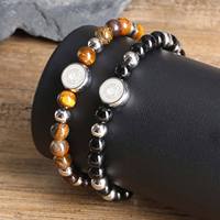 Vnox Saint Benedict Medal Charm Bracelets, Adjustable Rope with Glossy Natural Stones Beads Wristband, Faith Accessory Gift