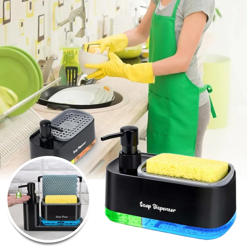 

3 in 1 Kitchen Sink Organizer Soap Dispenser with Dual Pump and Sponge Holder Space Saving Cleaning Storage for Countertop
